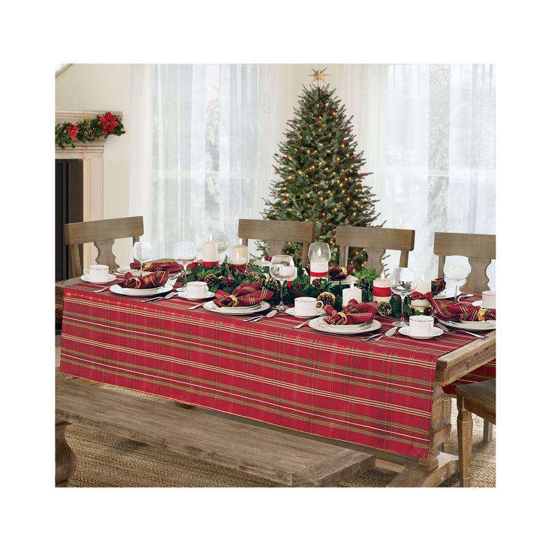 Elrene Home Fashions Shimmering Plaid Holiday Fabric Tablecloth, 60" x 120", Red - Image 1